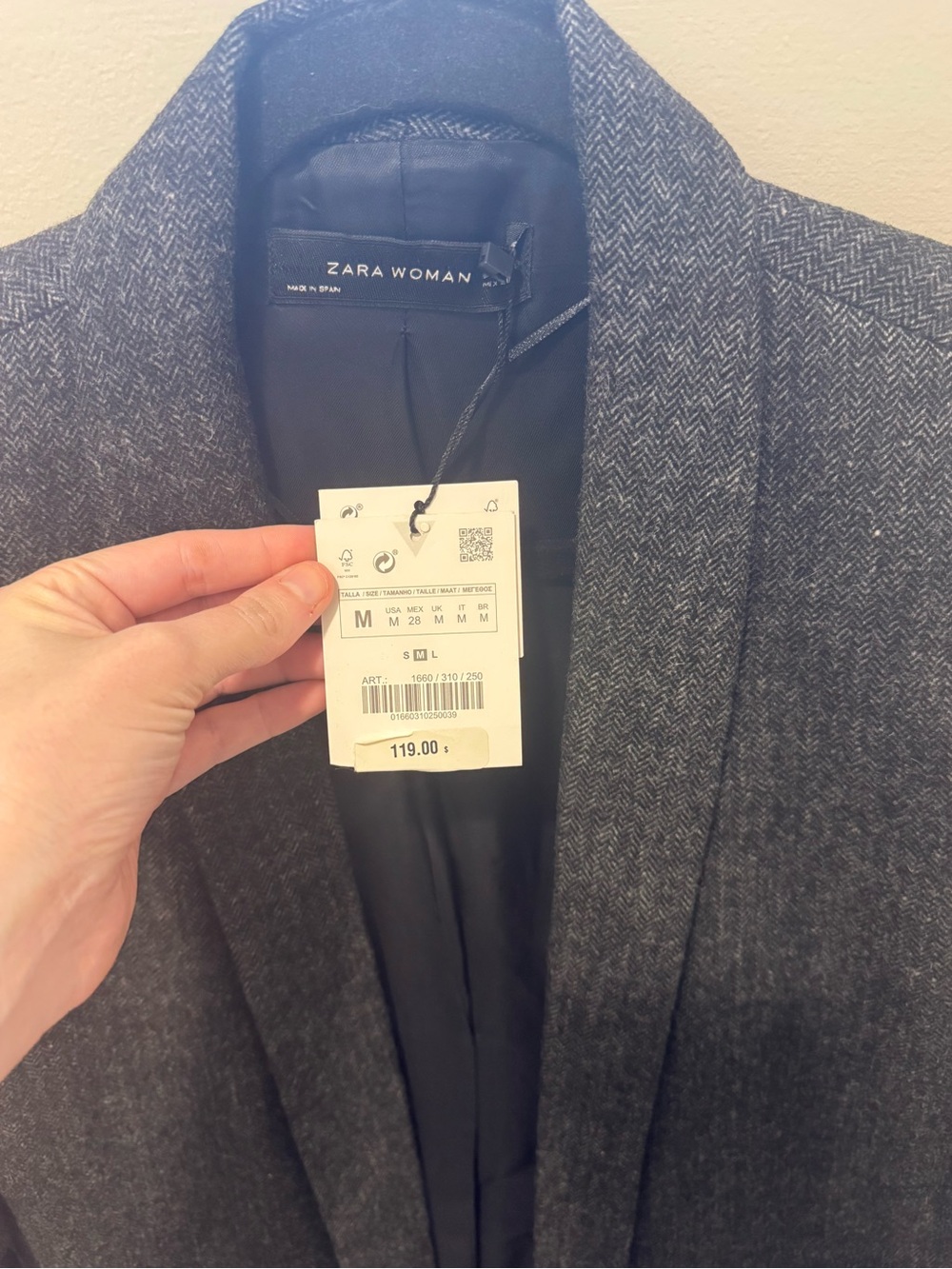 ZARA Herringbone Wool Blend Ruched Sleeve Open Blazer - NWT - Picture 5 of 7
